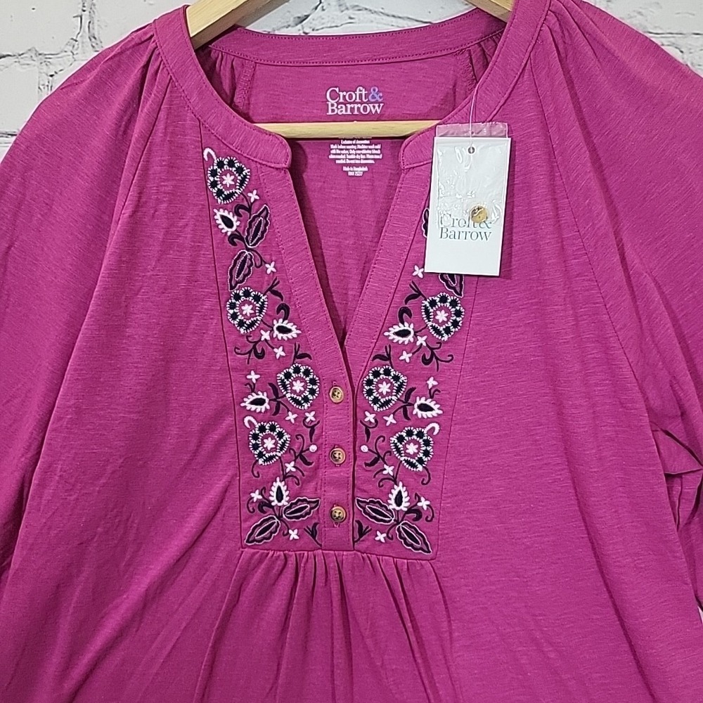 Croft & Barrow Embroidered Henley Tops Womens Small Lot of 3 Blue White Pink New - Picture 10 of 15